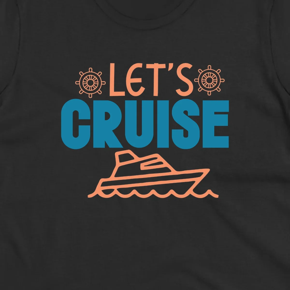 Let's cruise nautical design with orange ship wheels, yacht, and ocean waves on teal and coral colors