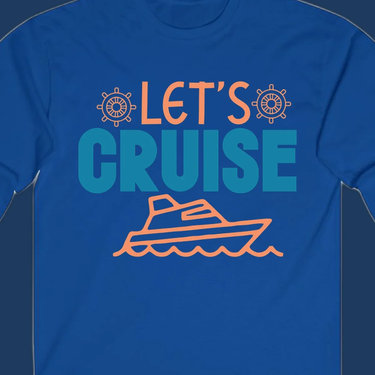 Let's cruise nautical design with orange ship wheels, yacht, and ocean waves on teal and coral colors