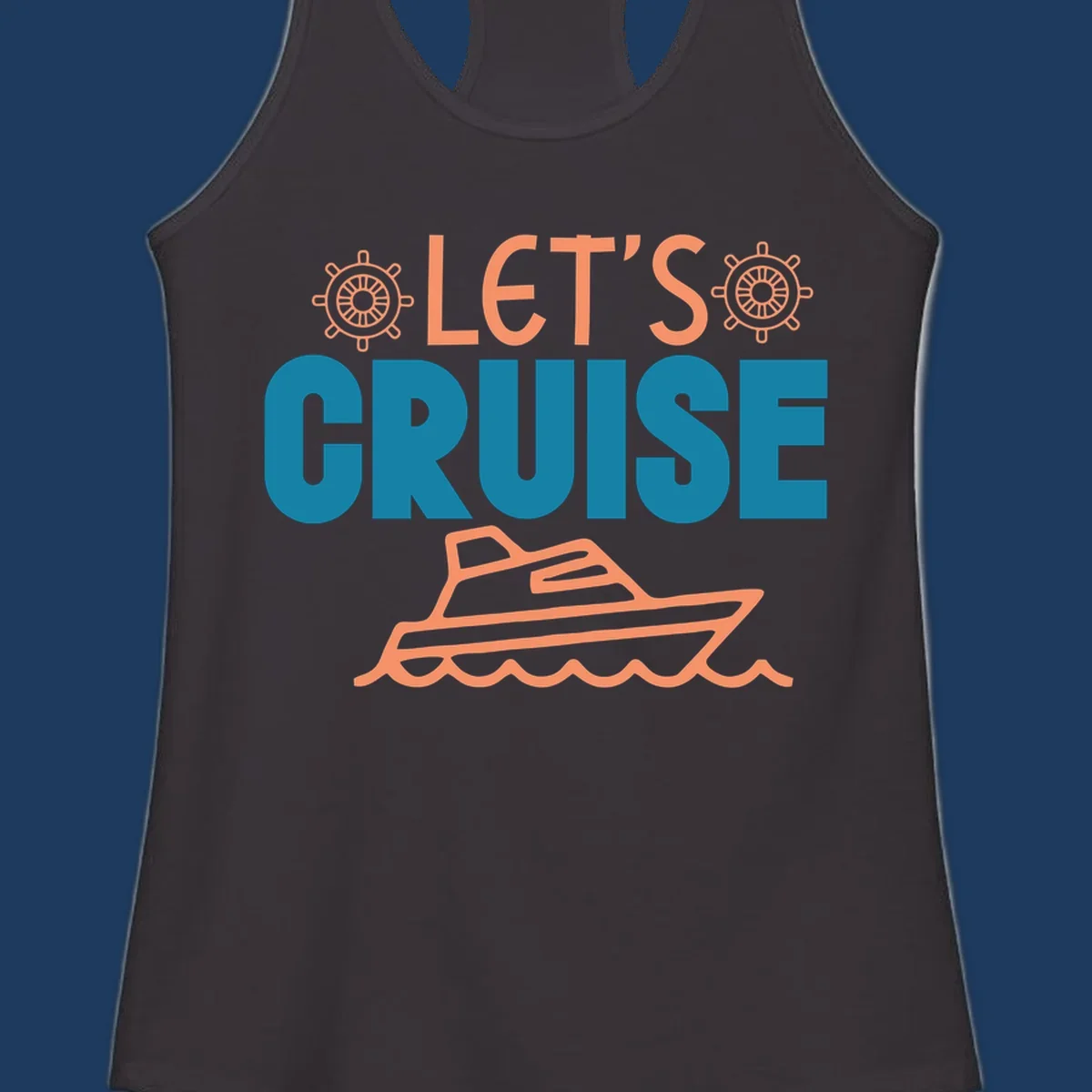 Let's cruise nautical design with orange ship wheels, yacht, and ocean waves on teal and coral colors