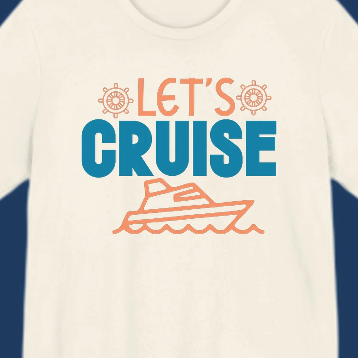 Let's cruise nautical design with orange ship wheels, yacht, and ocean waves on teal and coral colors