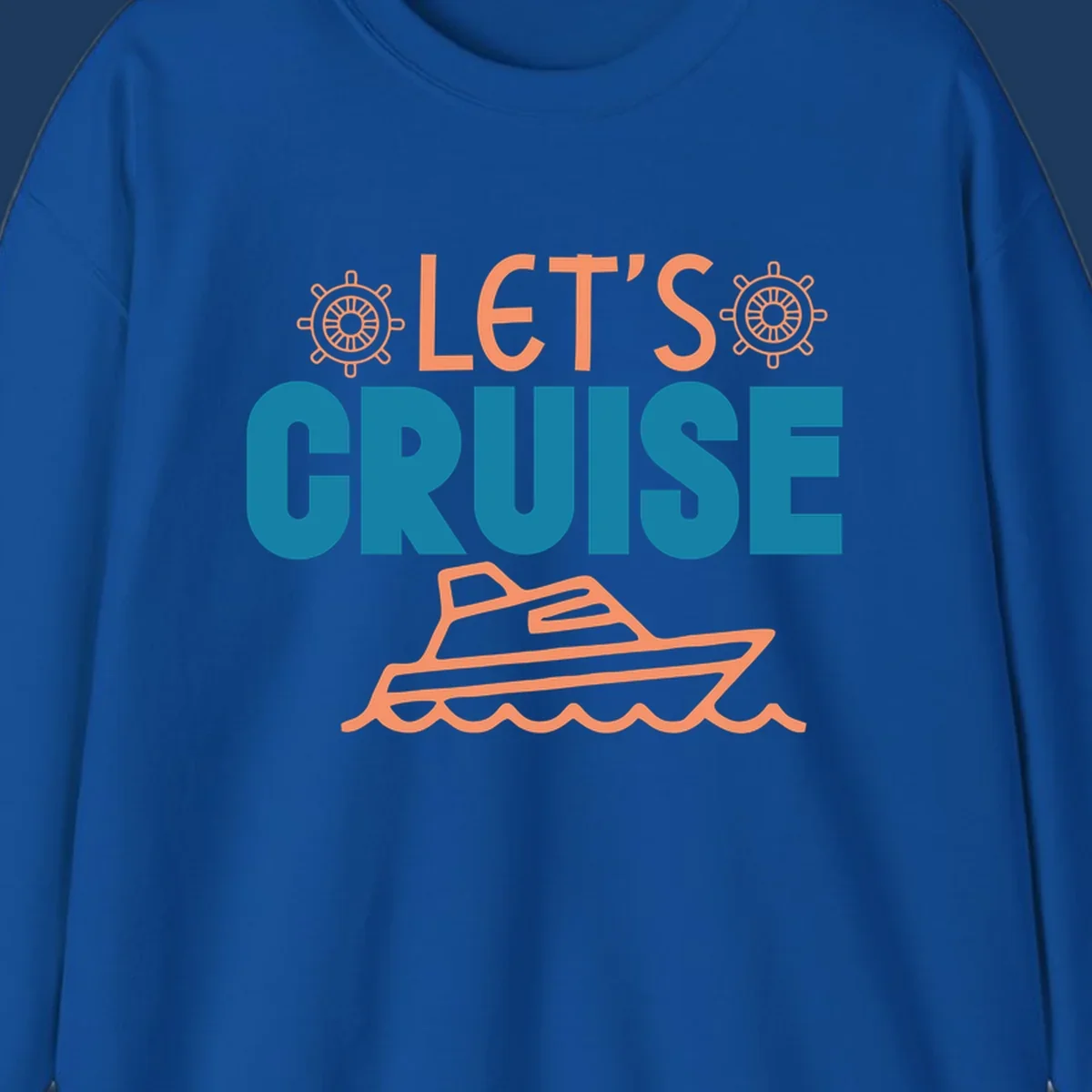 Let's cruise nautical design with orange ship wheels, yacht, and ocean waves on teal and coral colors