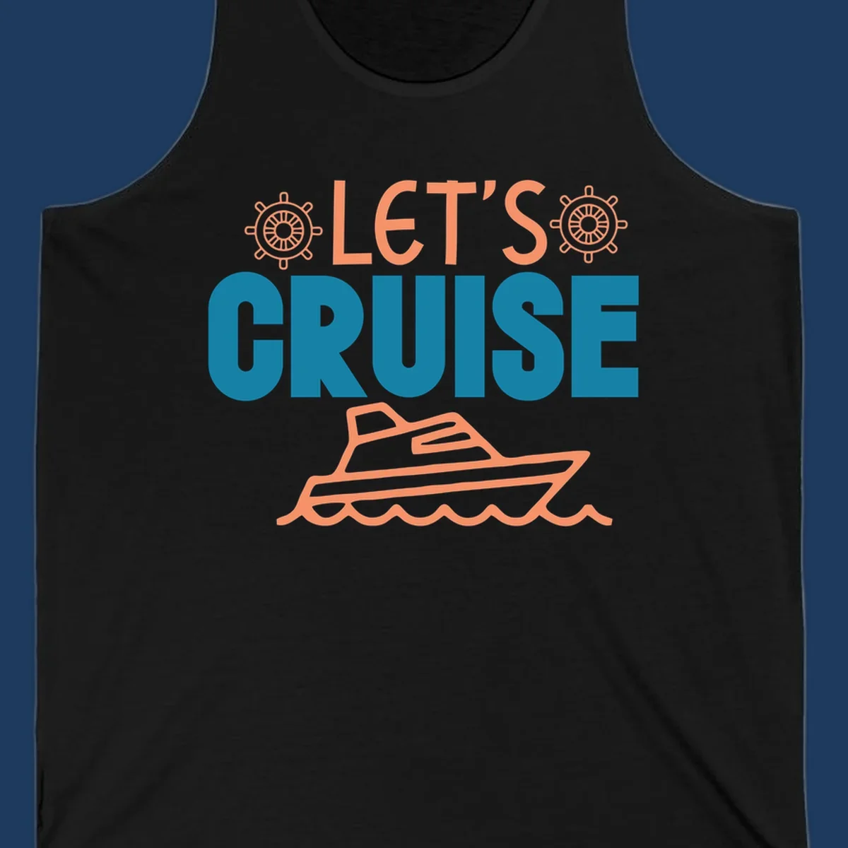 Let's cruise nautical design with orange ship wheels, yacht, and ocean waves on teal and coral colors
