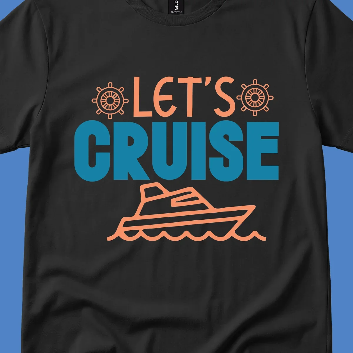 Let's cruise nautical design with orange ship wheels, yacht, and ocean waves on teal and coral colors