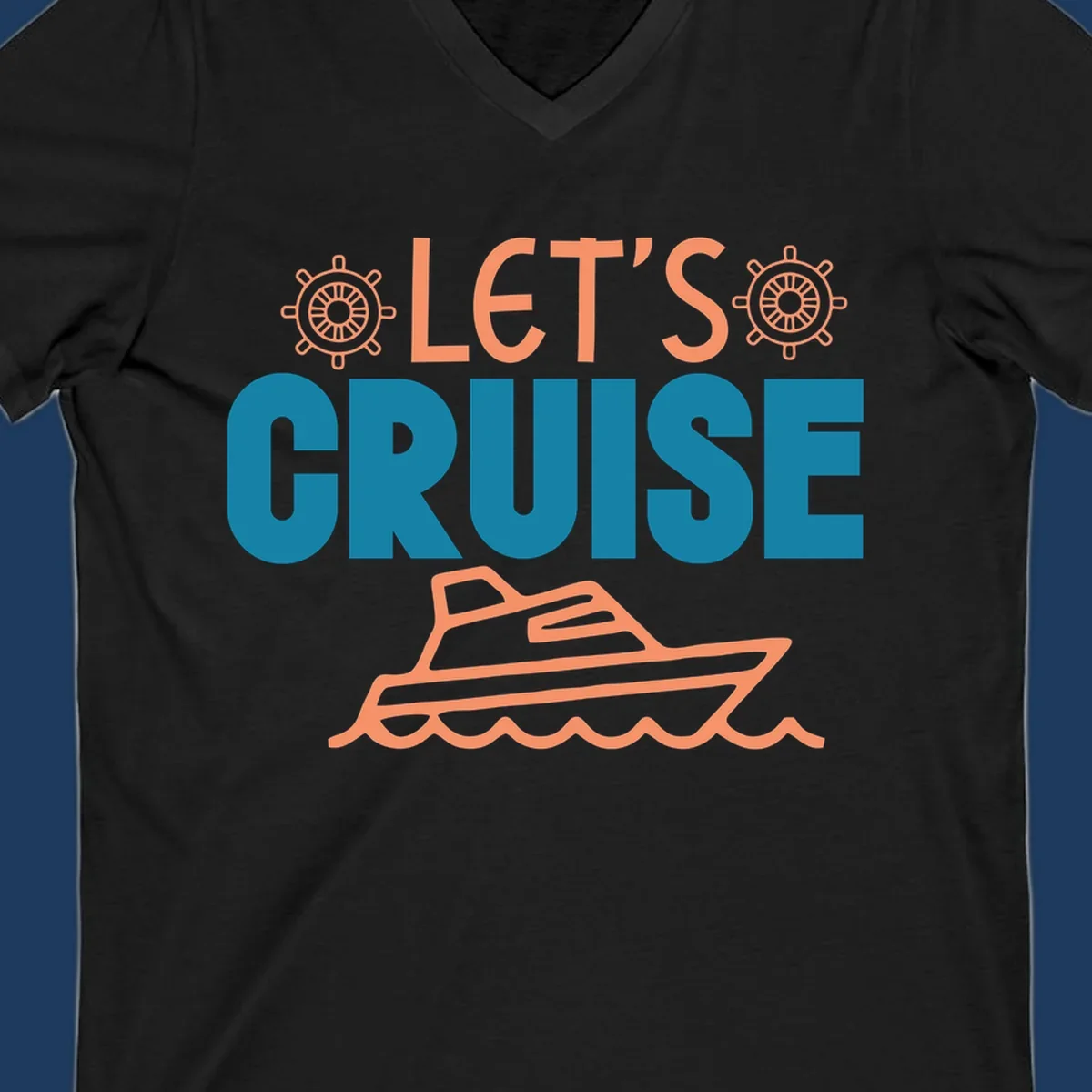 Let's cruise nautical design with orange ship wheels, yacht, and ocean waves on teal and coral colors