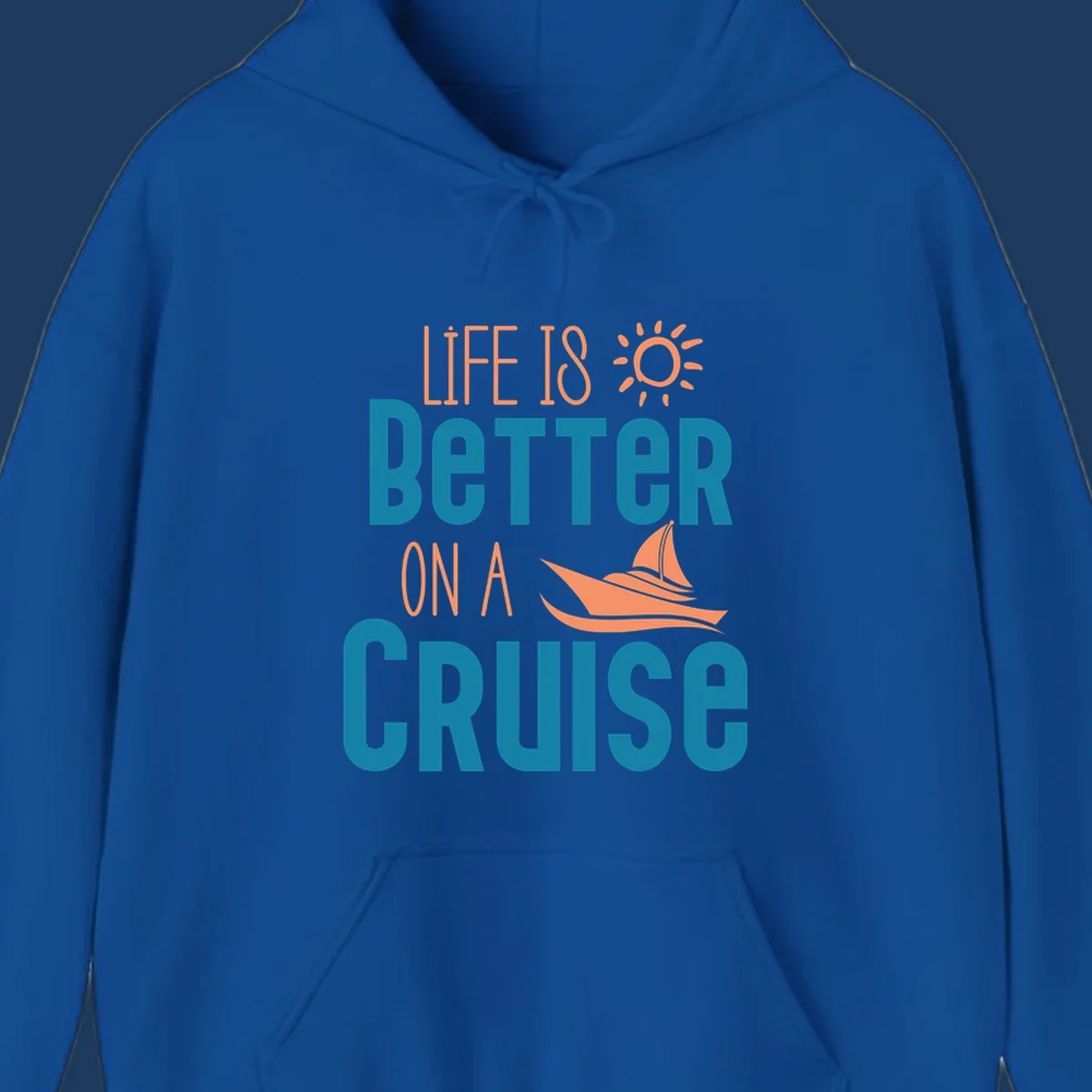 Life is better on a cruise design with sailboat and sun graphic in teal and coral colors