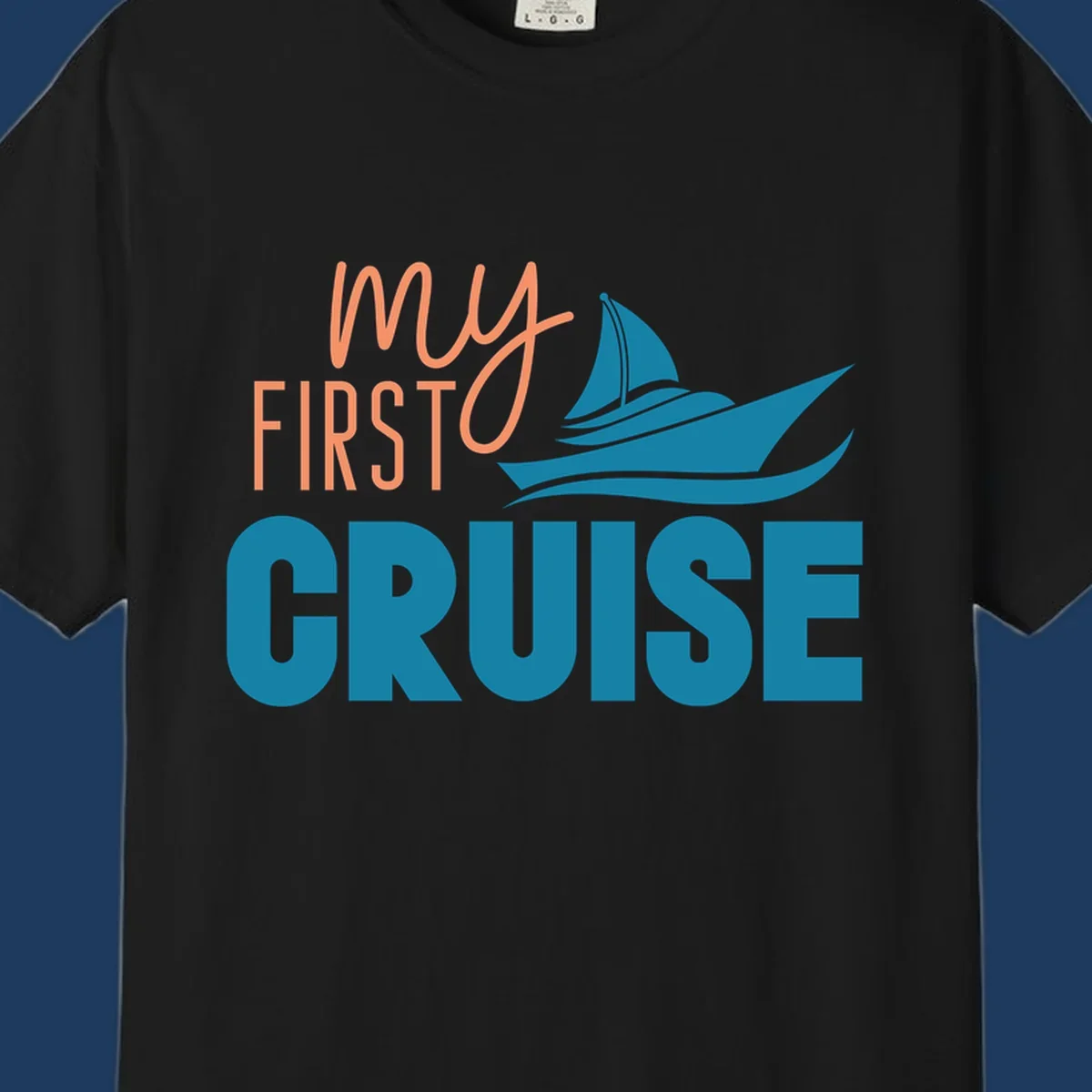 My first cruise design with coral text and teal sailboat illustration on gray background