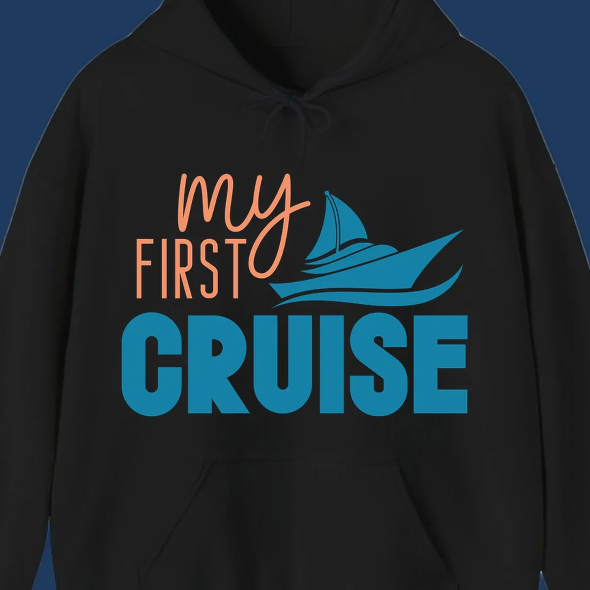 My first cruise design with coral text and teal sailboat illustration on gray background