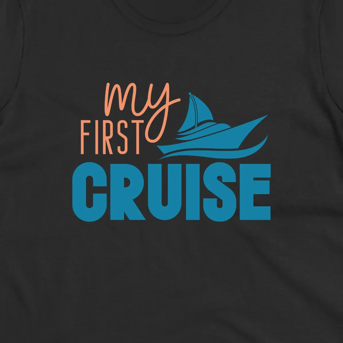 My first cruise design with coral text and teal sailboat illustration on gray background