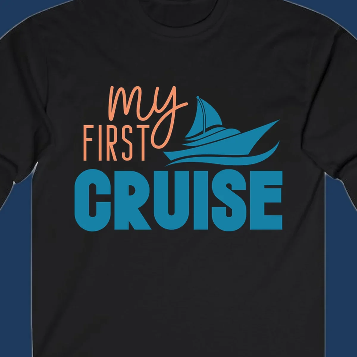 My first cruise design with coral text and teal sailboat illustration on gray background