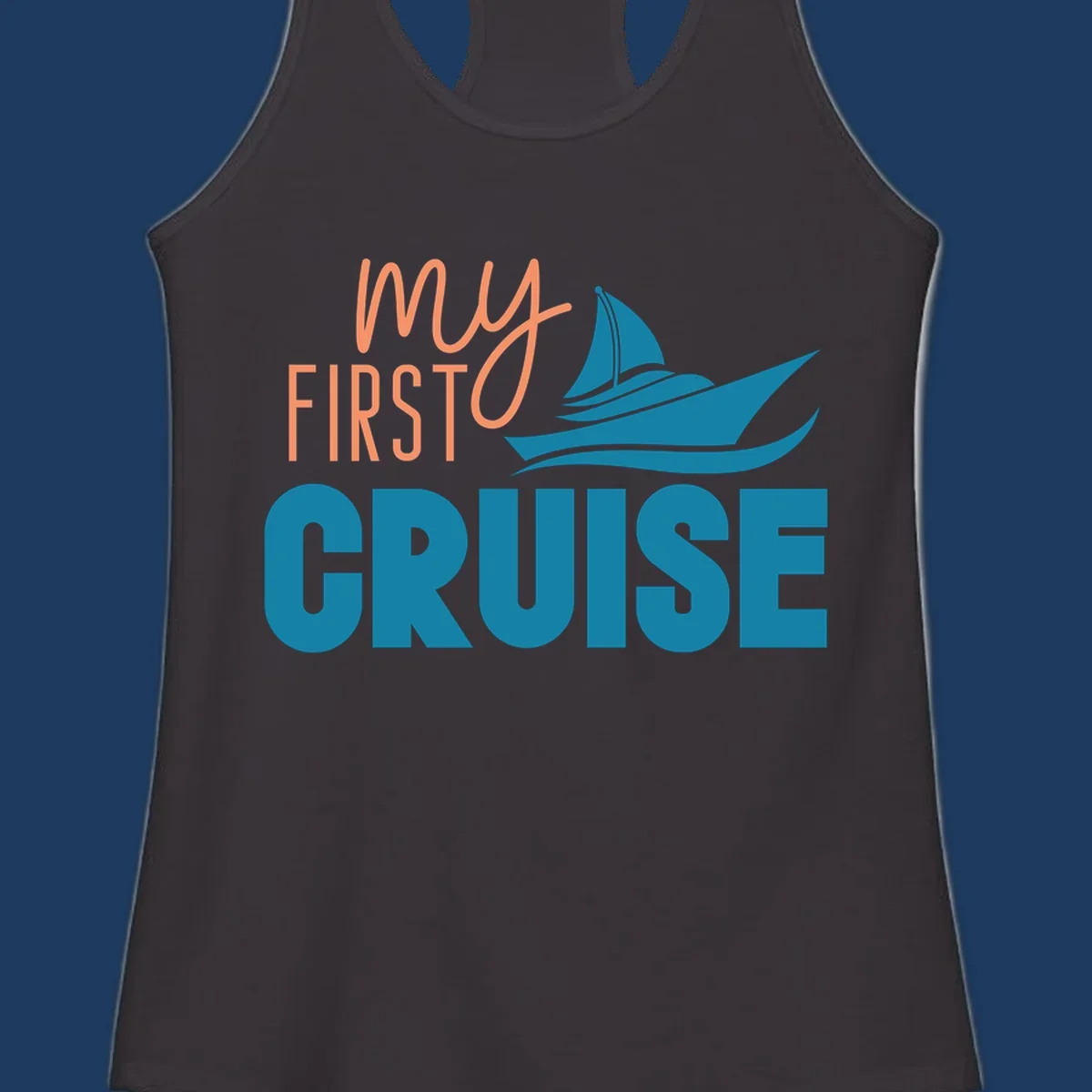 My first cruise design with coral text and teal sailboat illustration on gray background