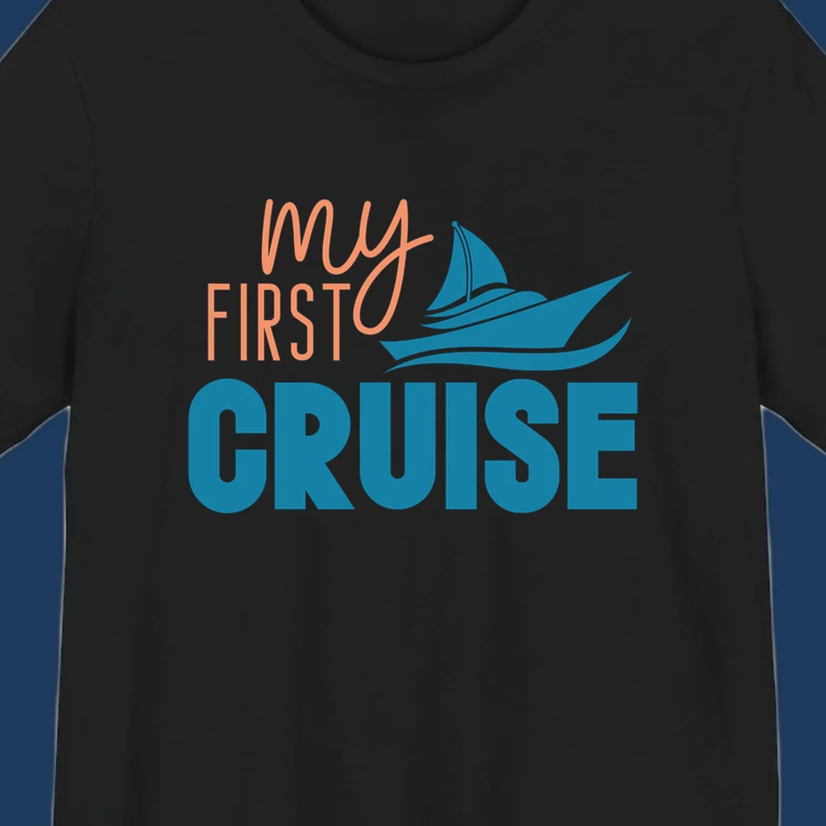 My first cruise design with coral text and teal sailboat illustration on gray background