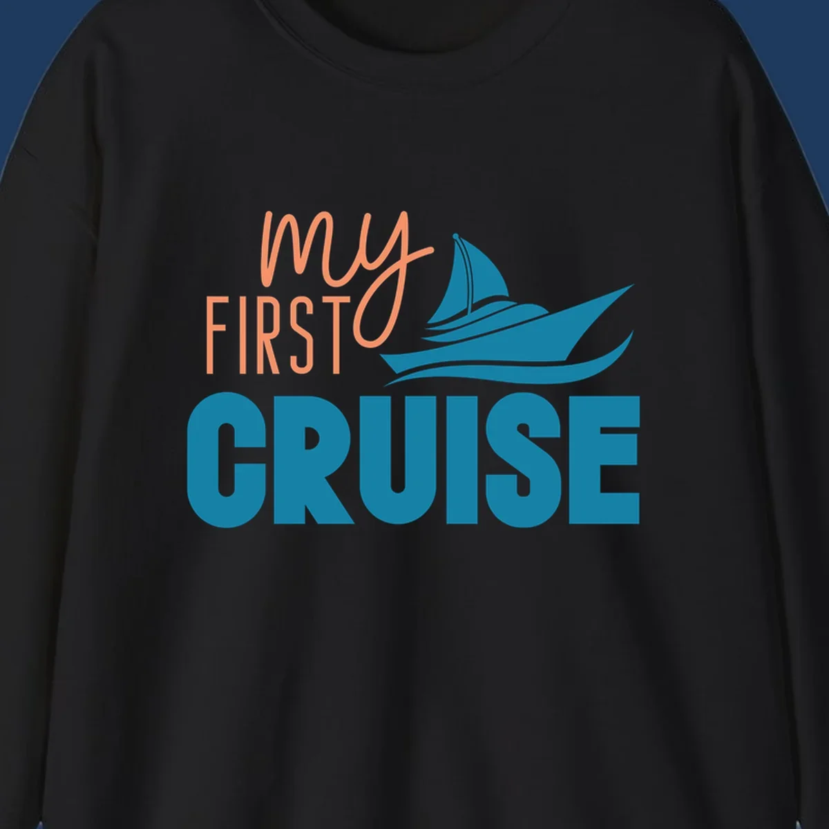 My first cruise design with coral text and teal sailboat illustration on gray background