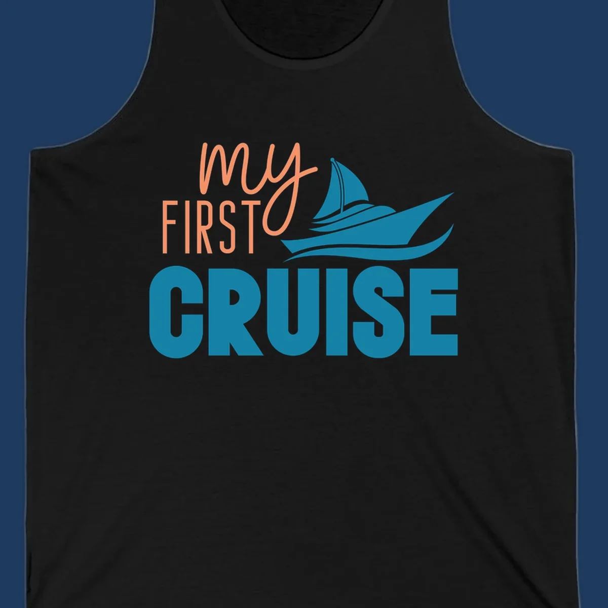 My first cruise design with coral text and teal sailboat illustration on gray background