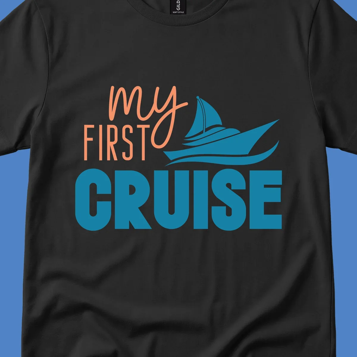 My first cruise design with coral text and teal sailboat illustration on gray background