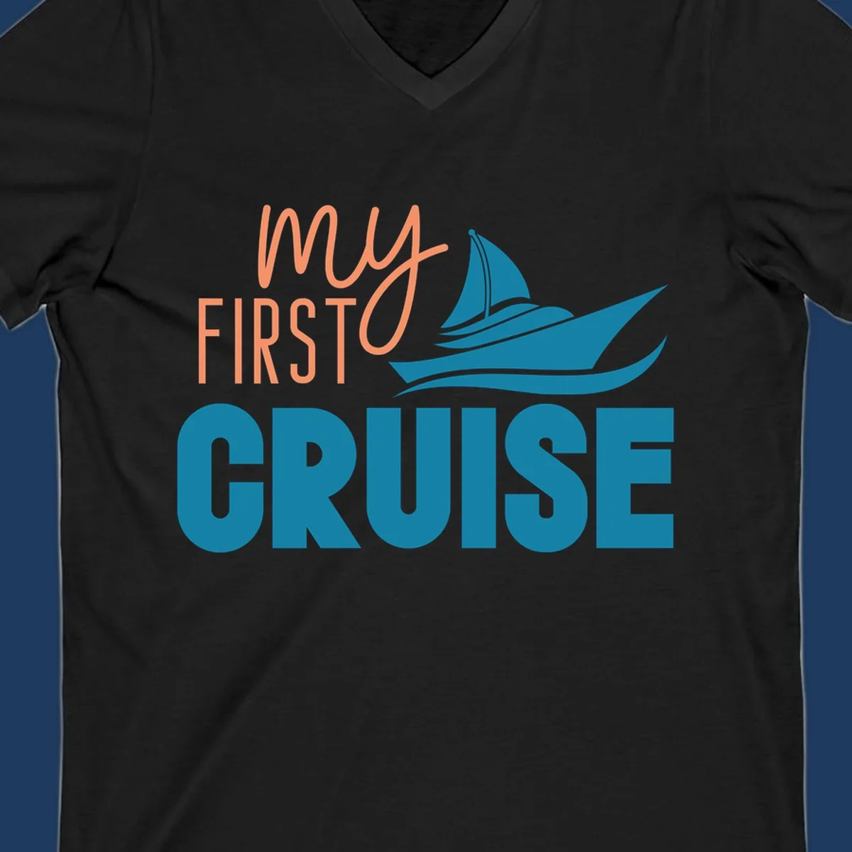 My first cruise design with coral text and teal sailboat illustration on gray background