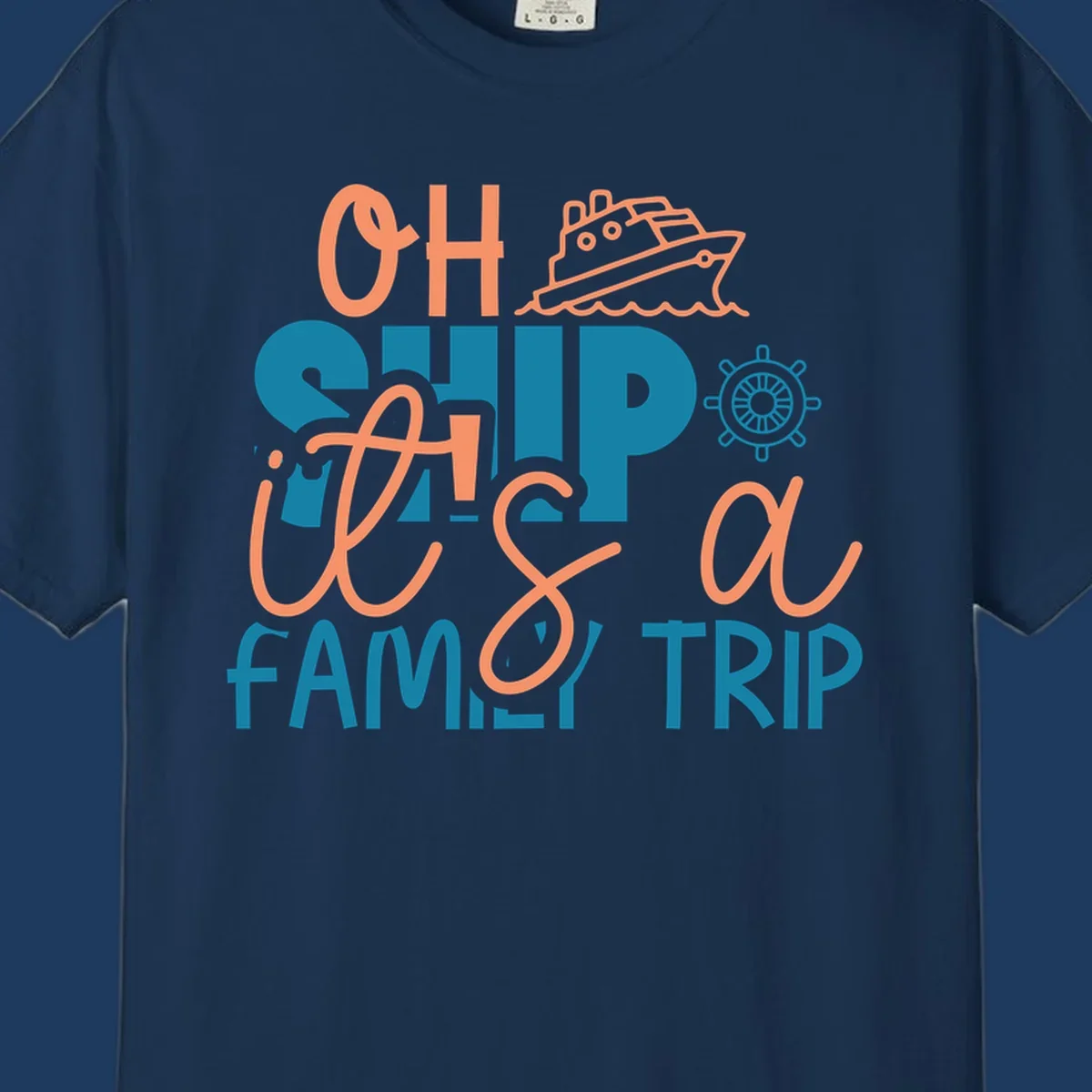 Playful oh ship family cruise design with coral text, teal lettering, cruise ship icon and ship's wheel on gray background