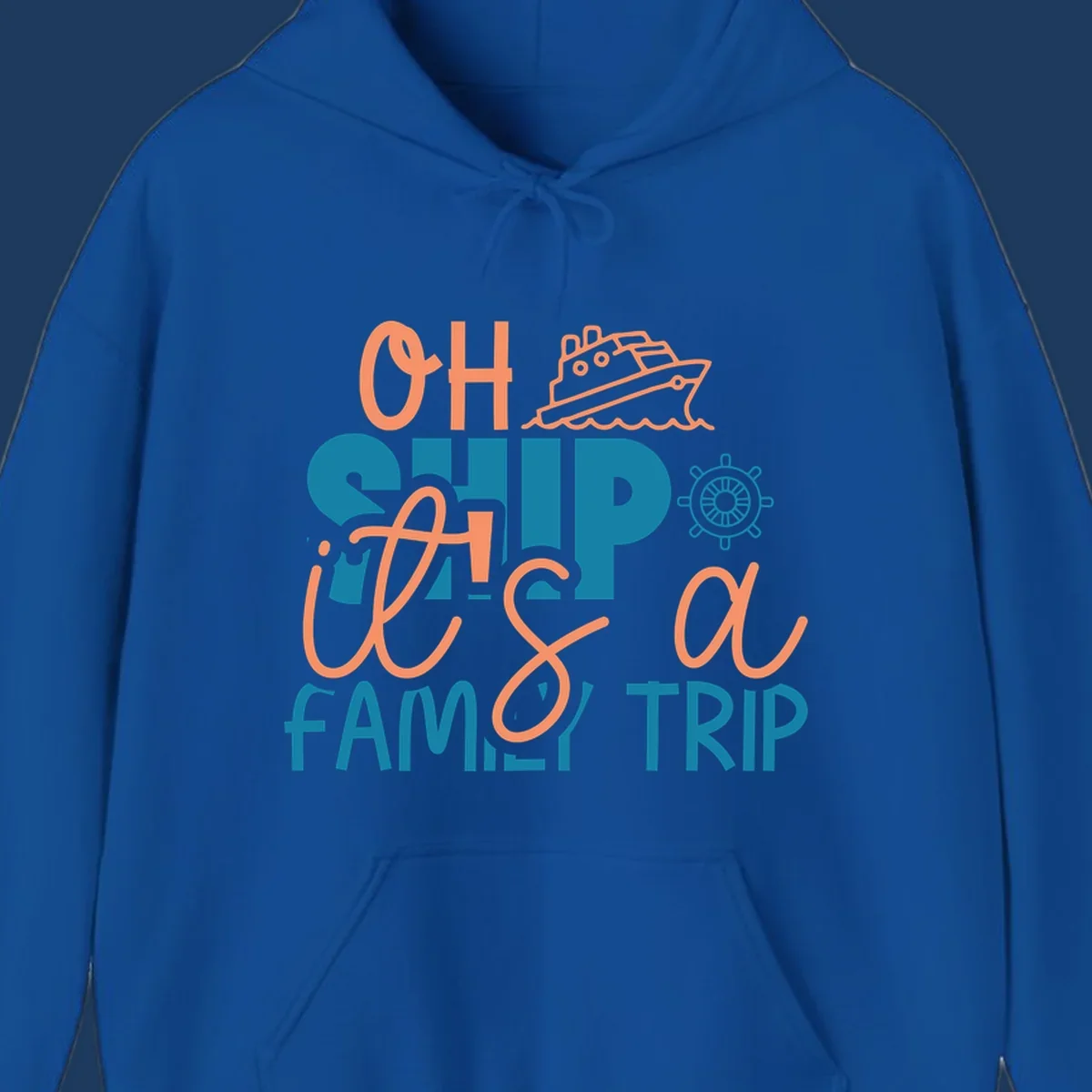 Playful oh ship family cruise design with coral text, teal lettering, cruise ship icon and ship's wheel on gray background