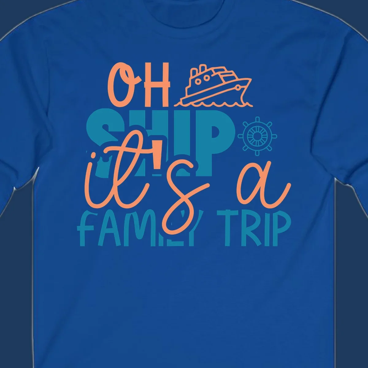 Playful oh ship family cruise design with coral text, teal lettering, cruise ship icon and ship's wheel on gray background