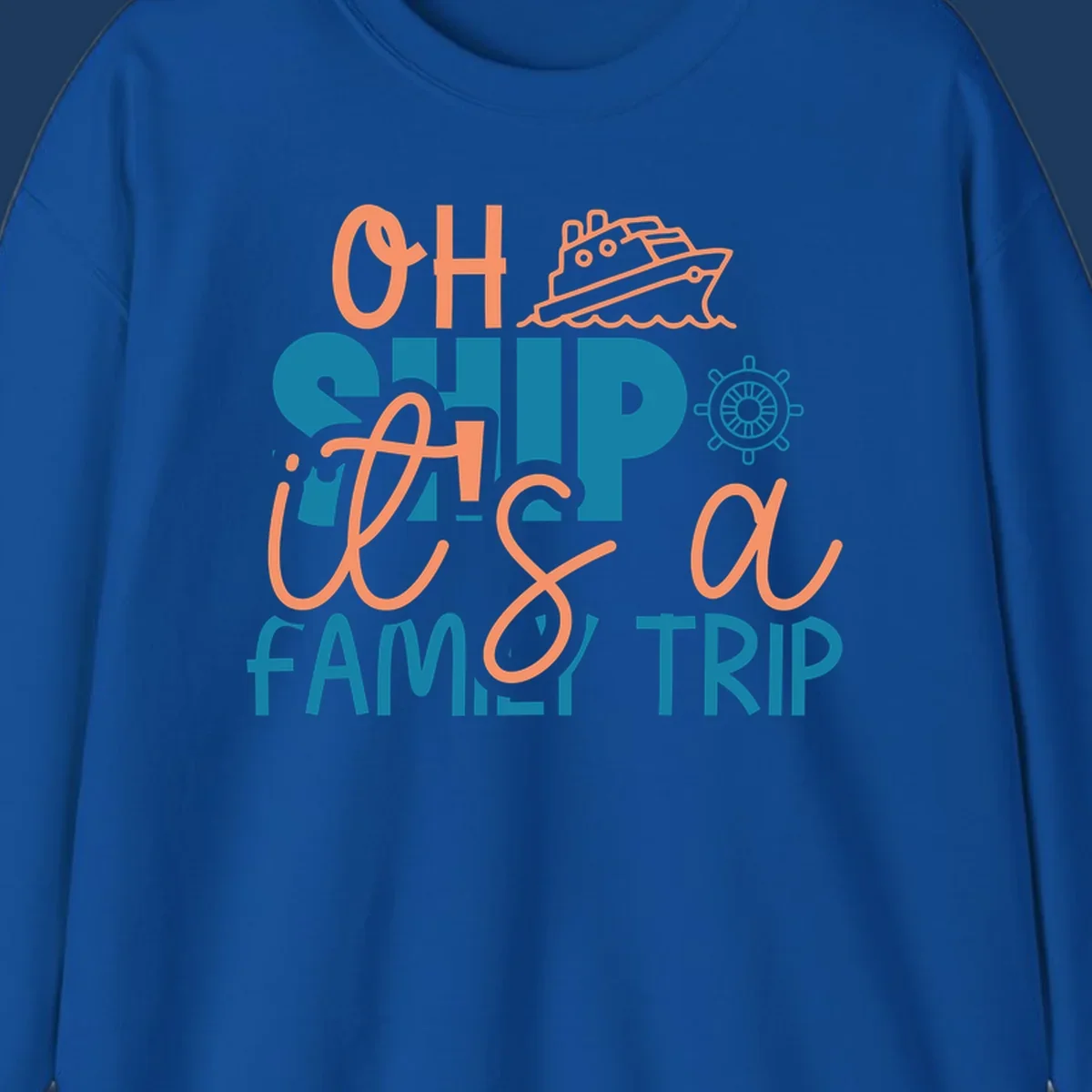 Playful oh ship family cruise design with coral text, teal lettering, cruise ship icon and ship's wheel on gray background