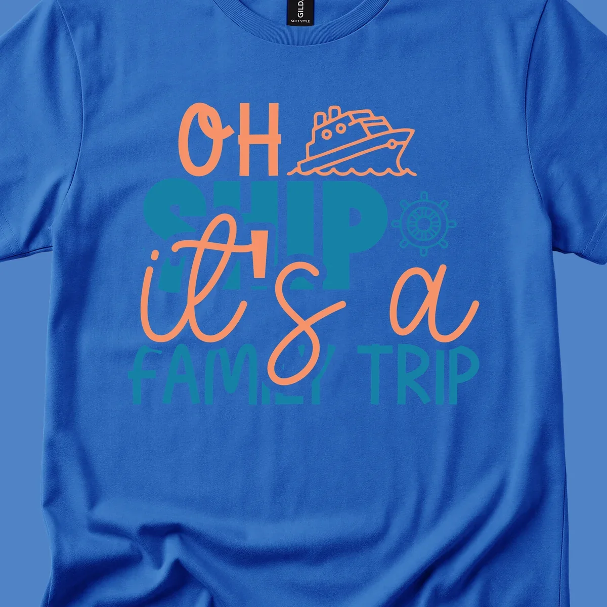 Playful oh ship family cruise design with coral text, teal lettering, cruise ship icon and ship's wheel on gray background