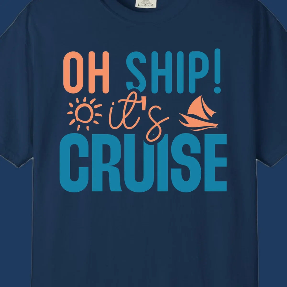 Oh ship cruise pun design with coral text, sailboat and sun illustrations on teal and gray background