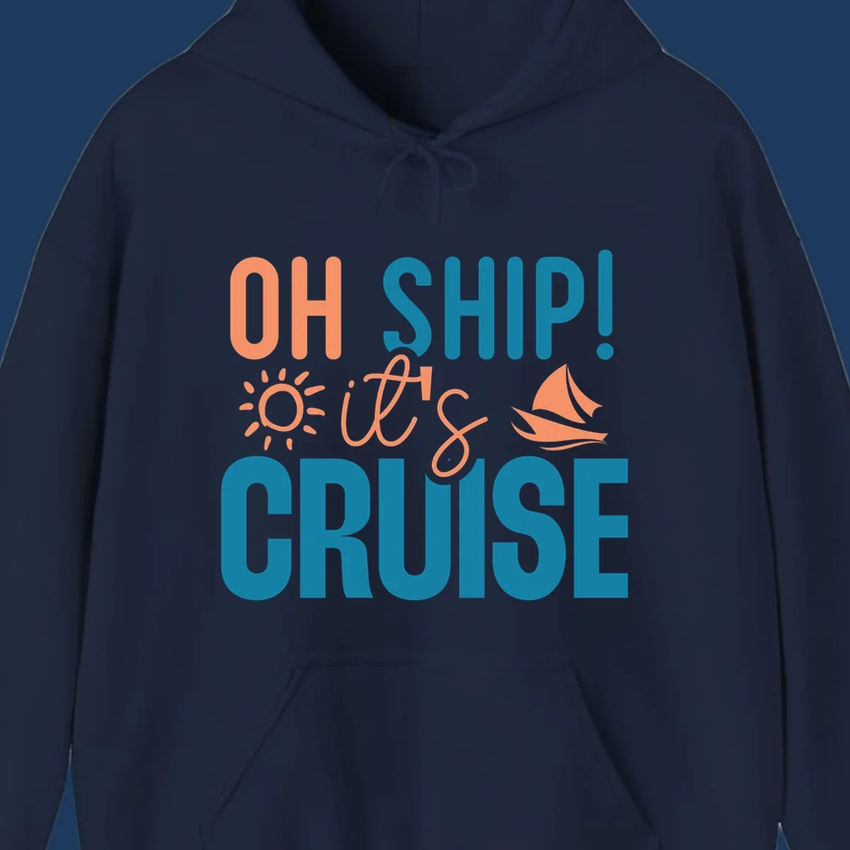 Oh ship cruise pun design with coral text, sailboat and sun illustrations on teal and gray background