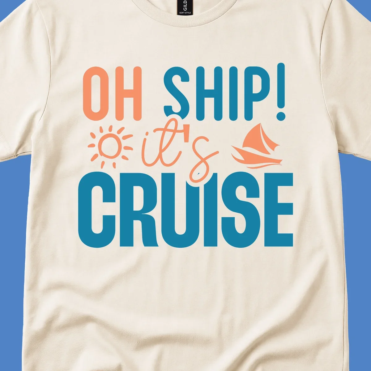 Oh ship cruise pun design with coral text, sailboat and sun illustrations on teal and gray background