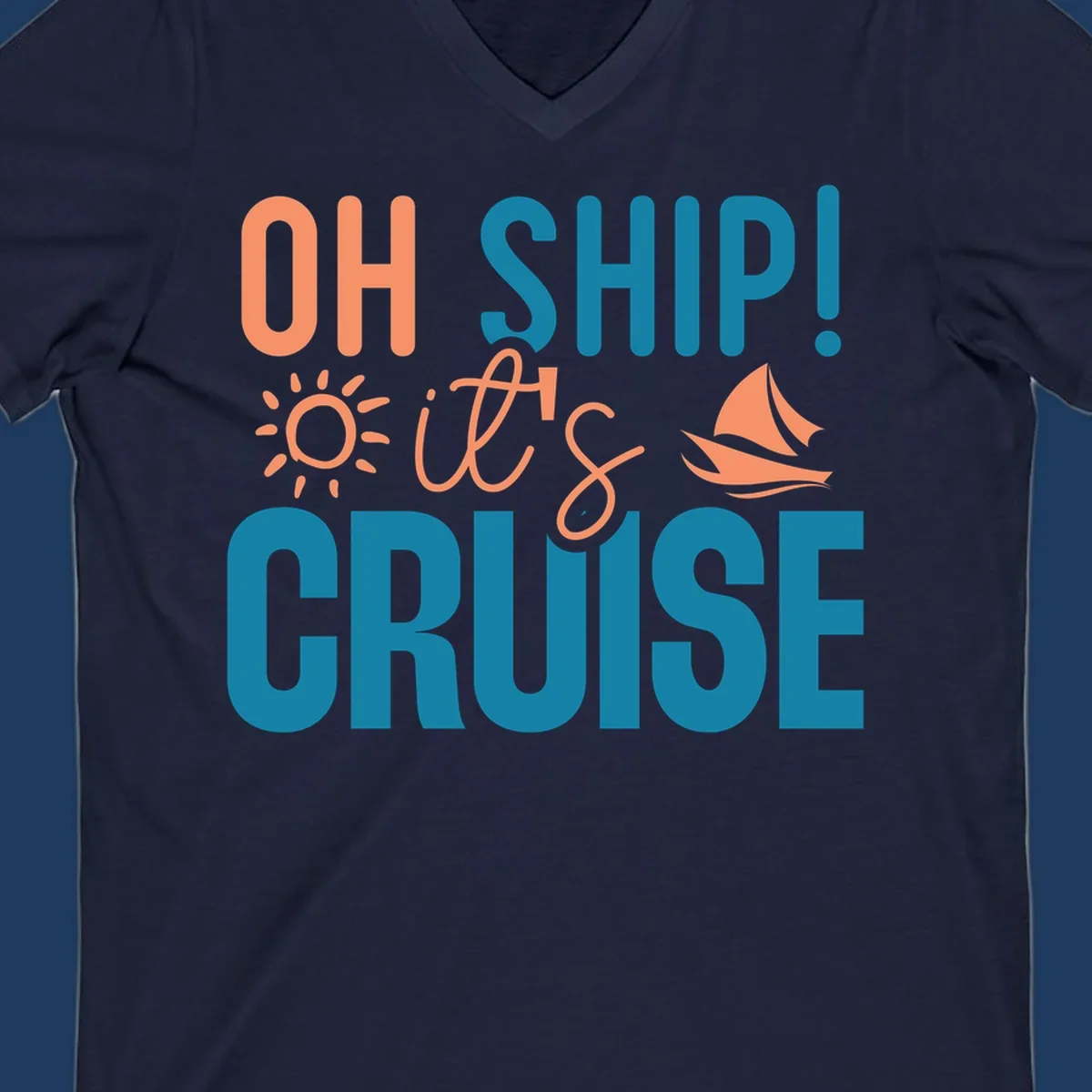 Oh ship cruise pun design with coral text, sailboat and sun illustrations on teal and gray background