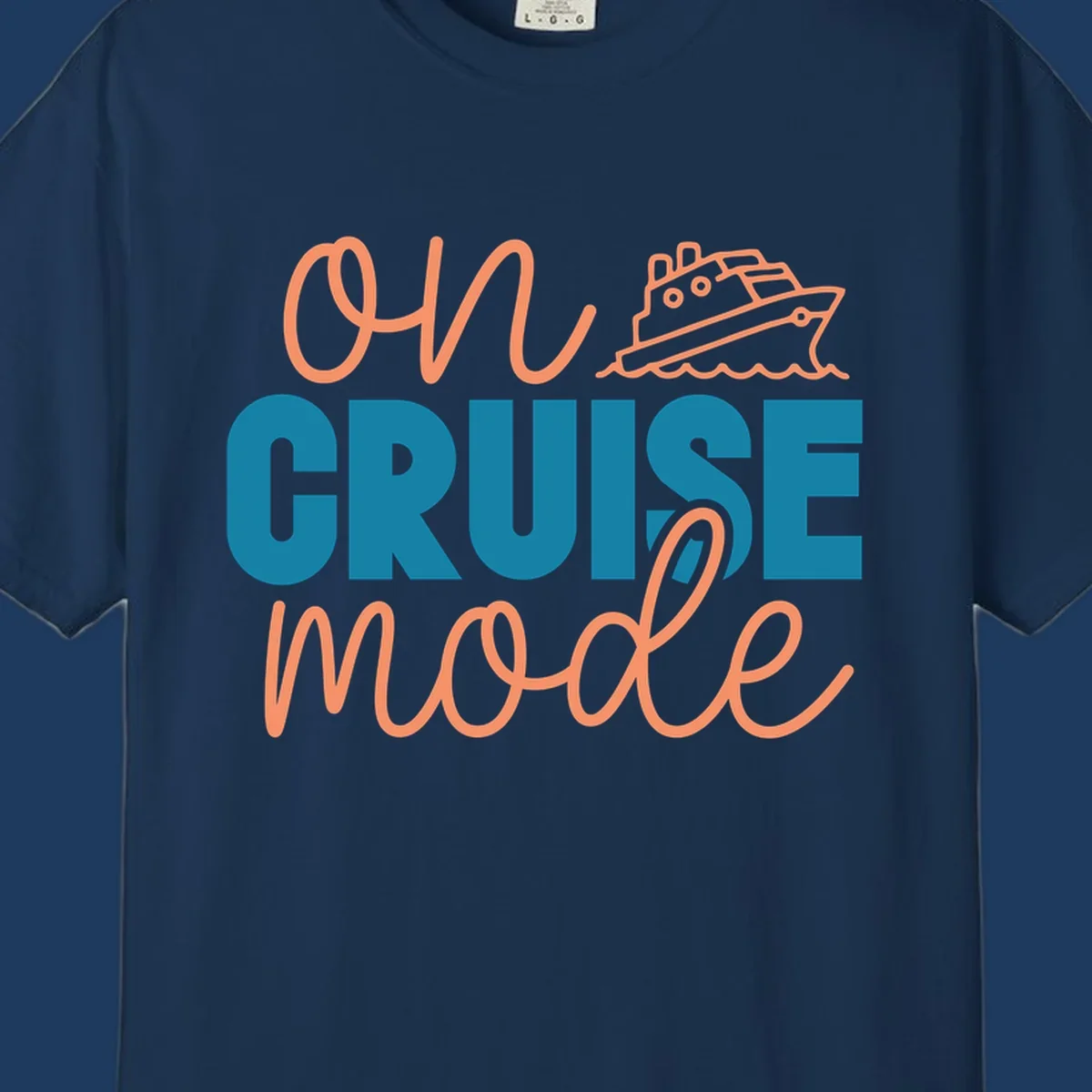 Ahoy cruise mode design with coral script text, teal lettering, and a line-art cruise ship sailing through waves on gray background