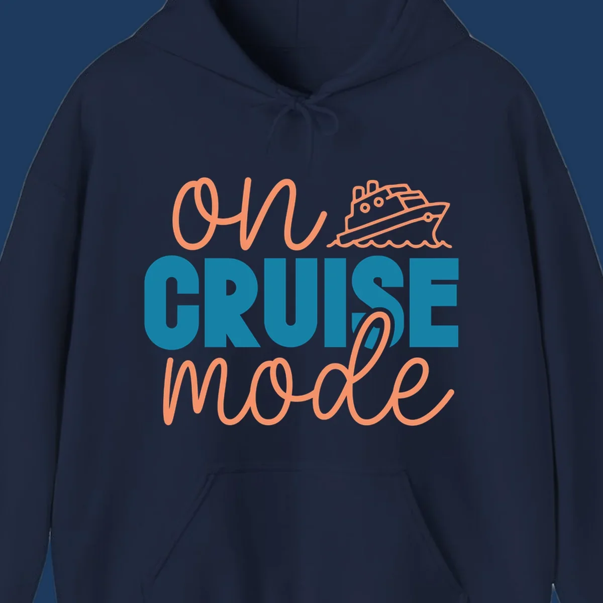Ahoy cruise mode design with coral script text, teal lettering, and a line-art cruise ship sailing through waves on gray background