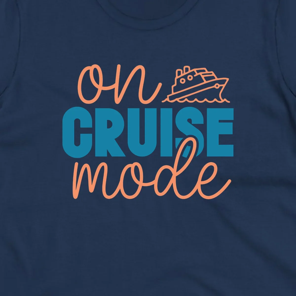 Ahoy cruise mode design with coral script text, teal lettering, and a line-art cruise ship sailing through waves on gray background