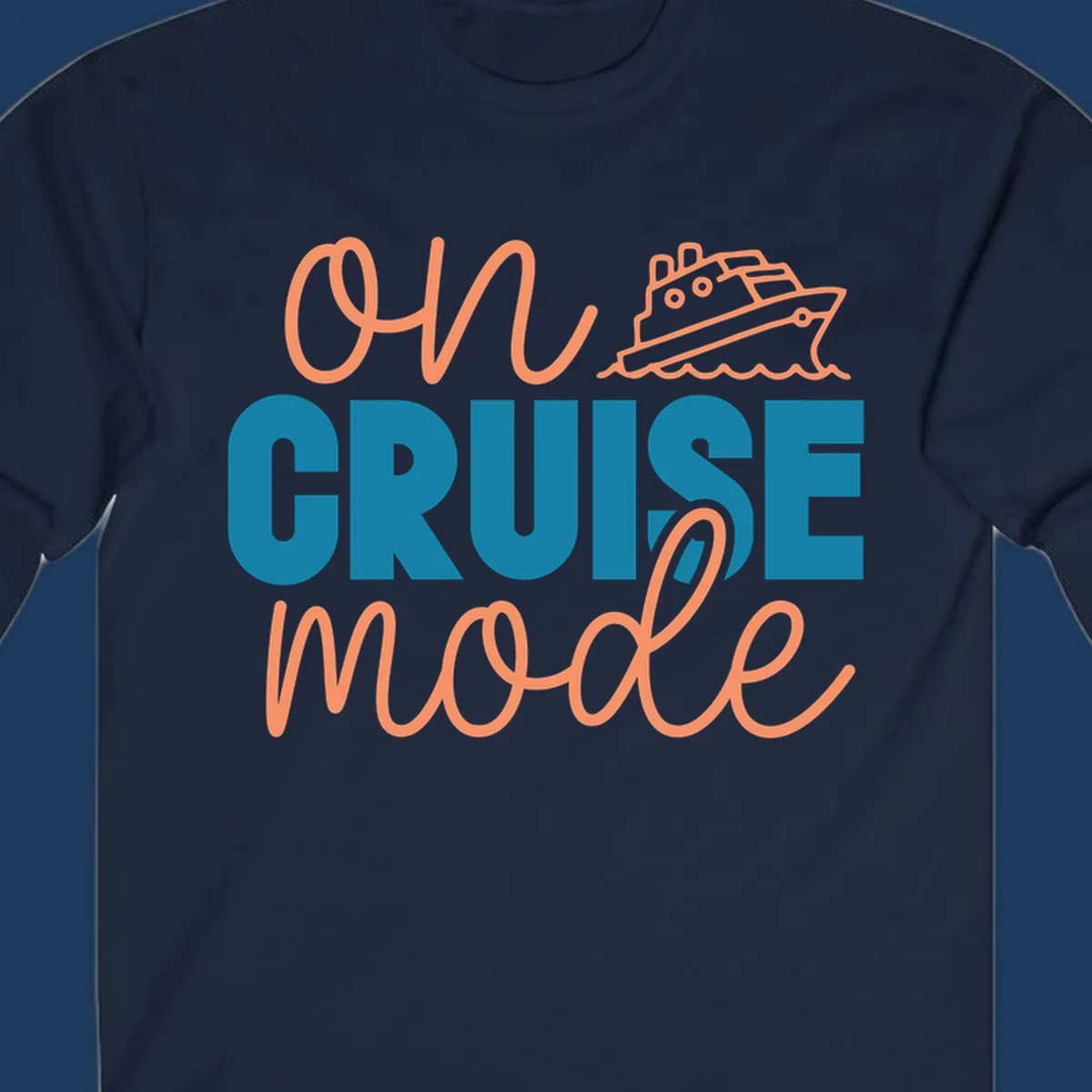 Ahoy cruise mode design with coral script text, teal lettering, and a line-art cruise ship sailing through waves on gray background