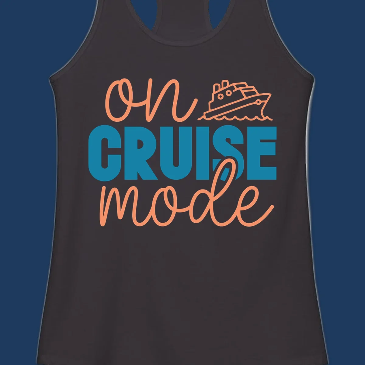 Ahoy cruise mode design with coral script text, teal lettering, and a line-art cruise ship sailing through waves on gray background