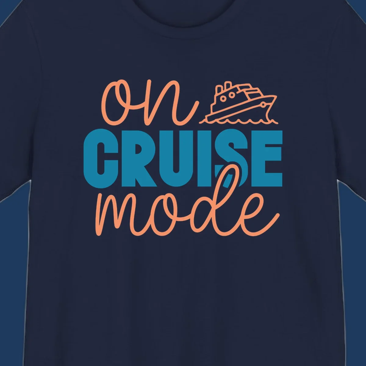 Ahoy cruise mode design with coral script text, teal lettering, and a line-art cruise ship sailing through waves on gray background