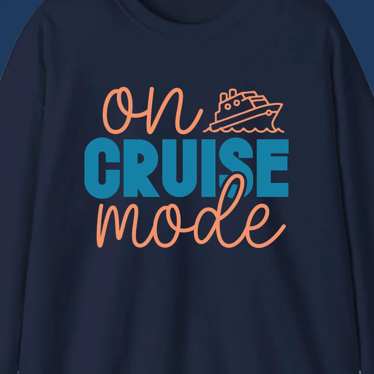 Ahoy cruise mode design with coral script text, teal lettering, and a line-art cruise ship sailing through waves on gray background