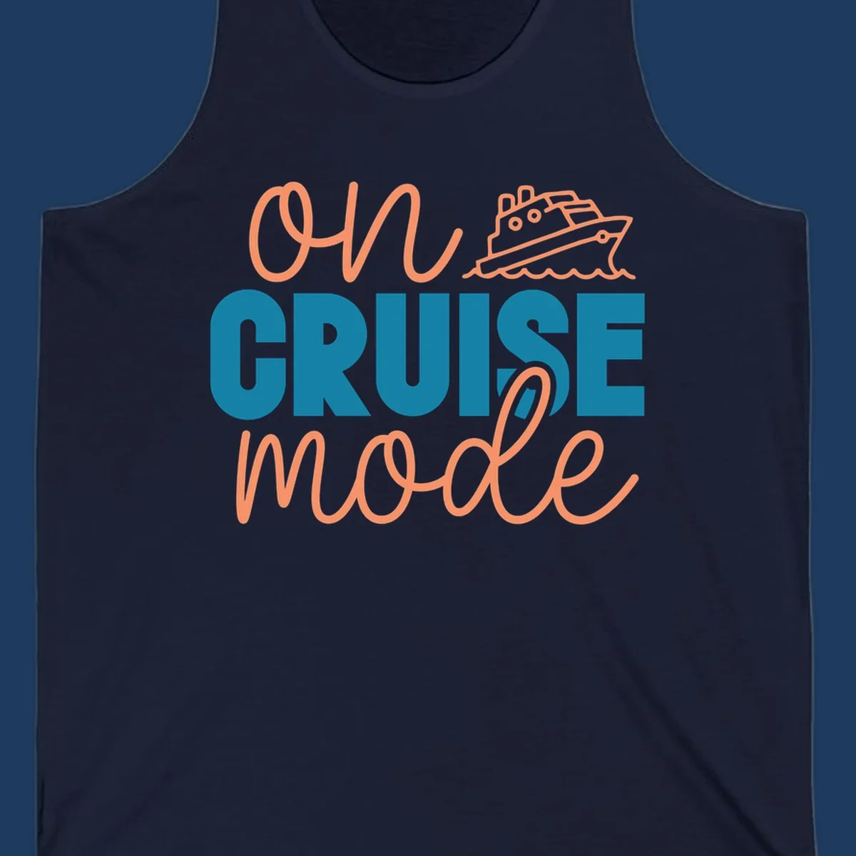 Ahoy cruise mode design with coral script text, teal lettering, and a line-art cruise ship sailing through waves on gray background