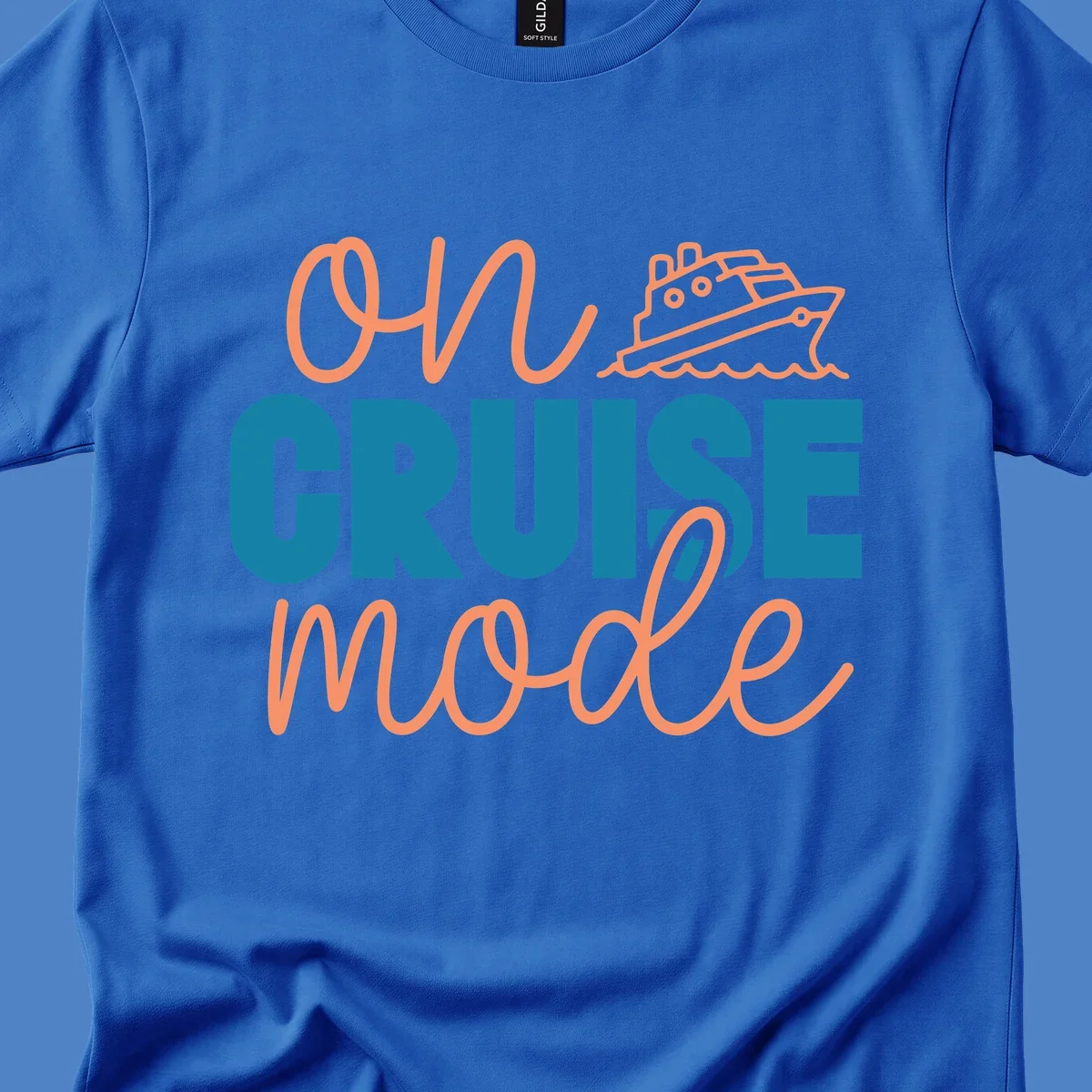 Ahoy cruise mode design with coral script text, teal lettering, and a line-art cruise ship sailing through waves on gray background