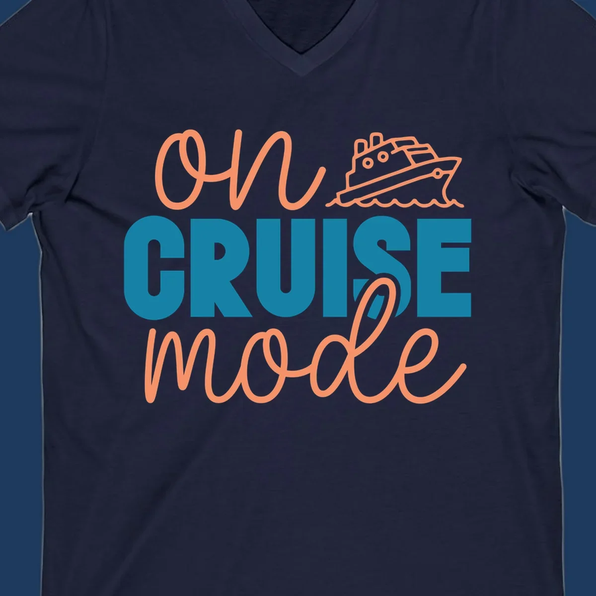 Ahoy cruise mode design with coral script text, teal lettering, and a line-art cruise ship sailing through waves on gray background