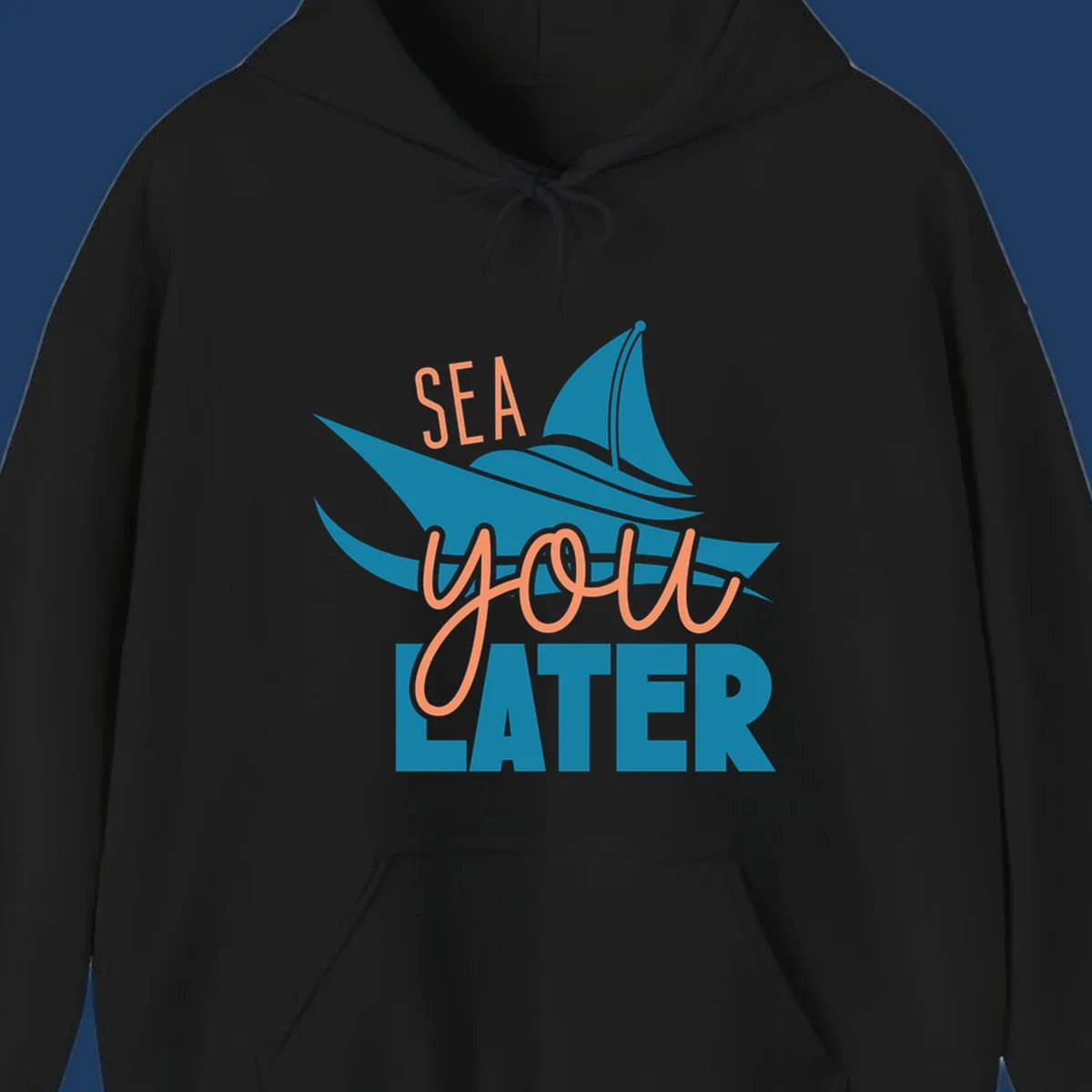 Sea you later sailboat design with teal sail and coral text on gray background