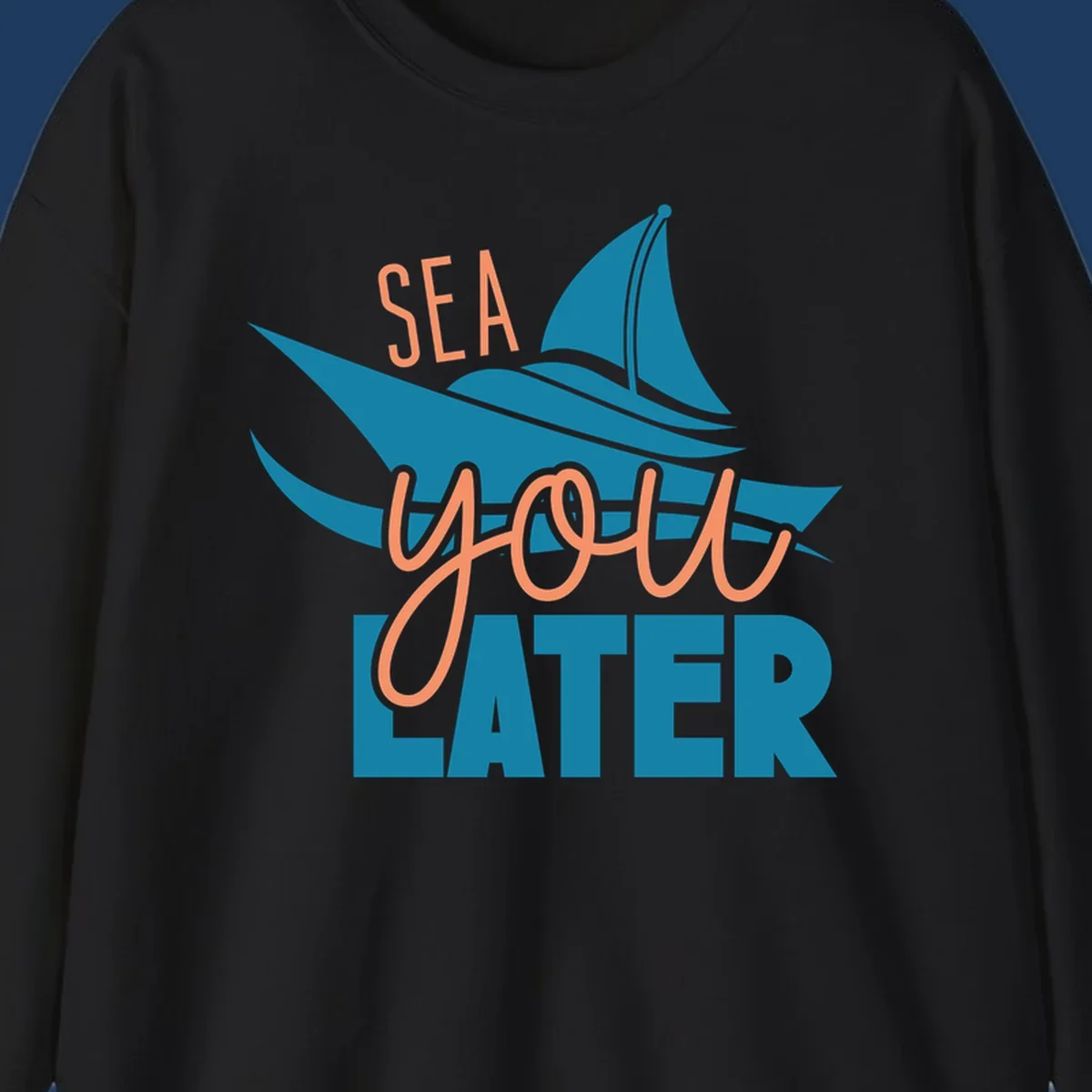 Sea you later sailboat design with teal sail and coral text on gray background