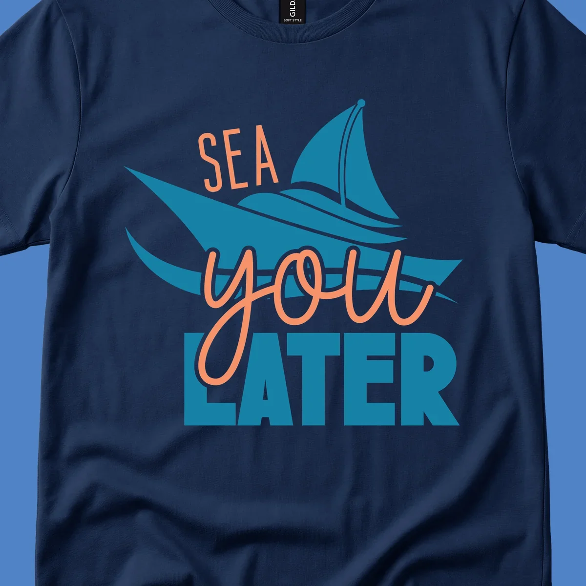 Sea you later sailboat design with teal sail and coral text on gray background