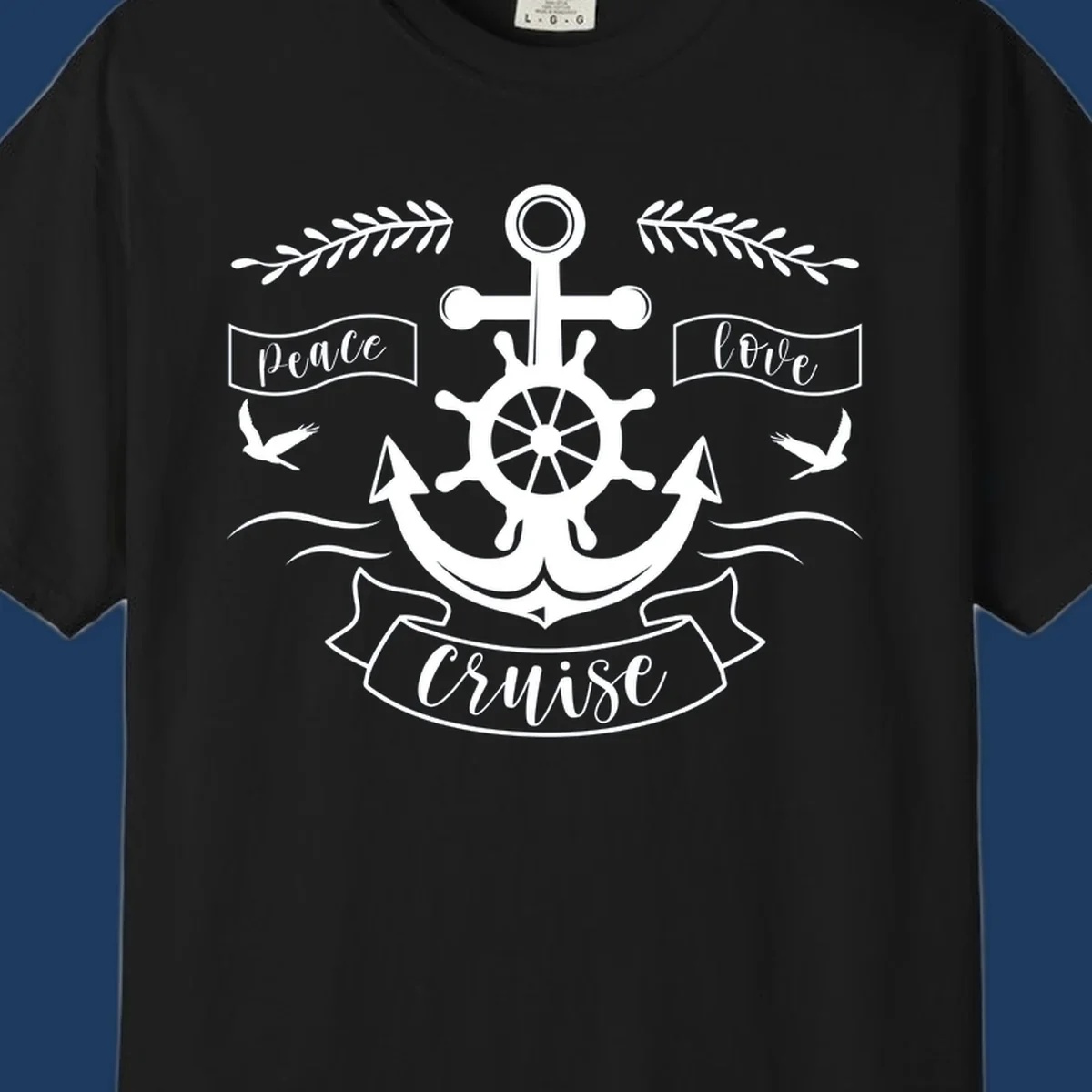 Nautical anchor design with ship's wheel, doves, and olive branches featuring 'Peace Love Cruise' text in decorative banners