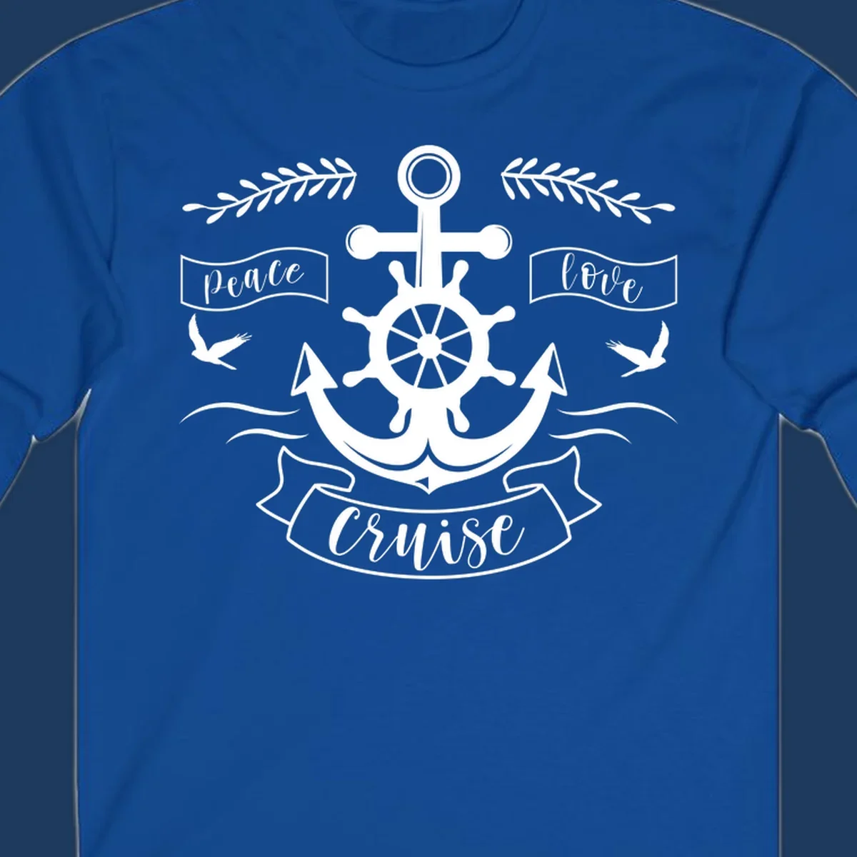 Nautical anchor design with ship's wheel, doves, and olive branches featuring 'Peace Love Cruise' text in decorative banners