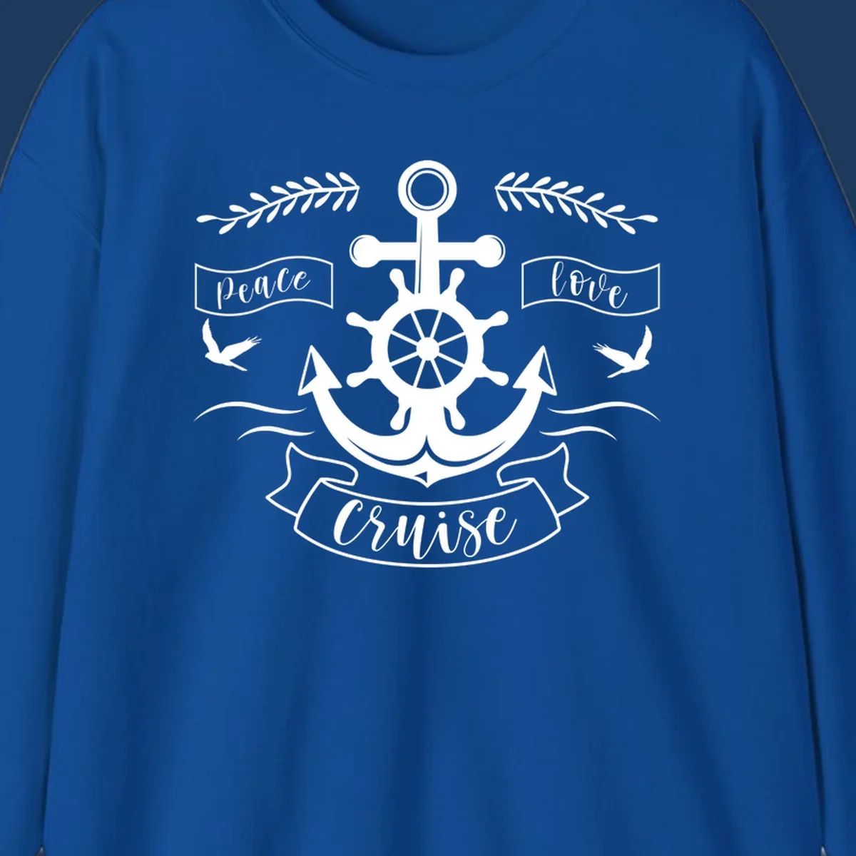 Nautical anchor design with ship's wheel, doves, and olive branches featuring 'Peace Love Cruise' text in decorative banners