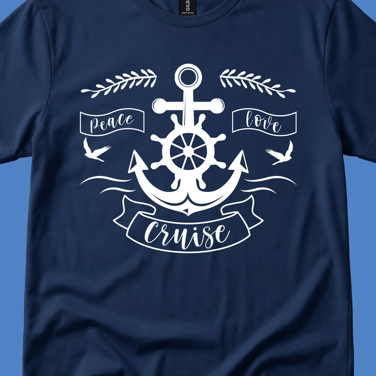Nautical anchor design with ship's wheel, doves, and olive branches featuring 'Peace Love Cruise' text in decorative banners