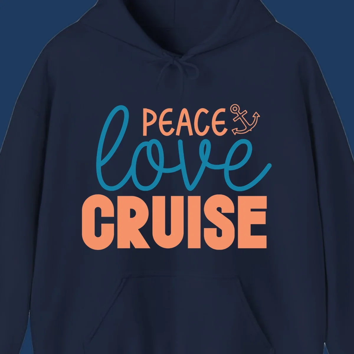 Peace Love Cruise design with coral and teal lettering and anchor icon on gray background