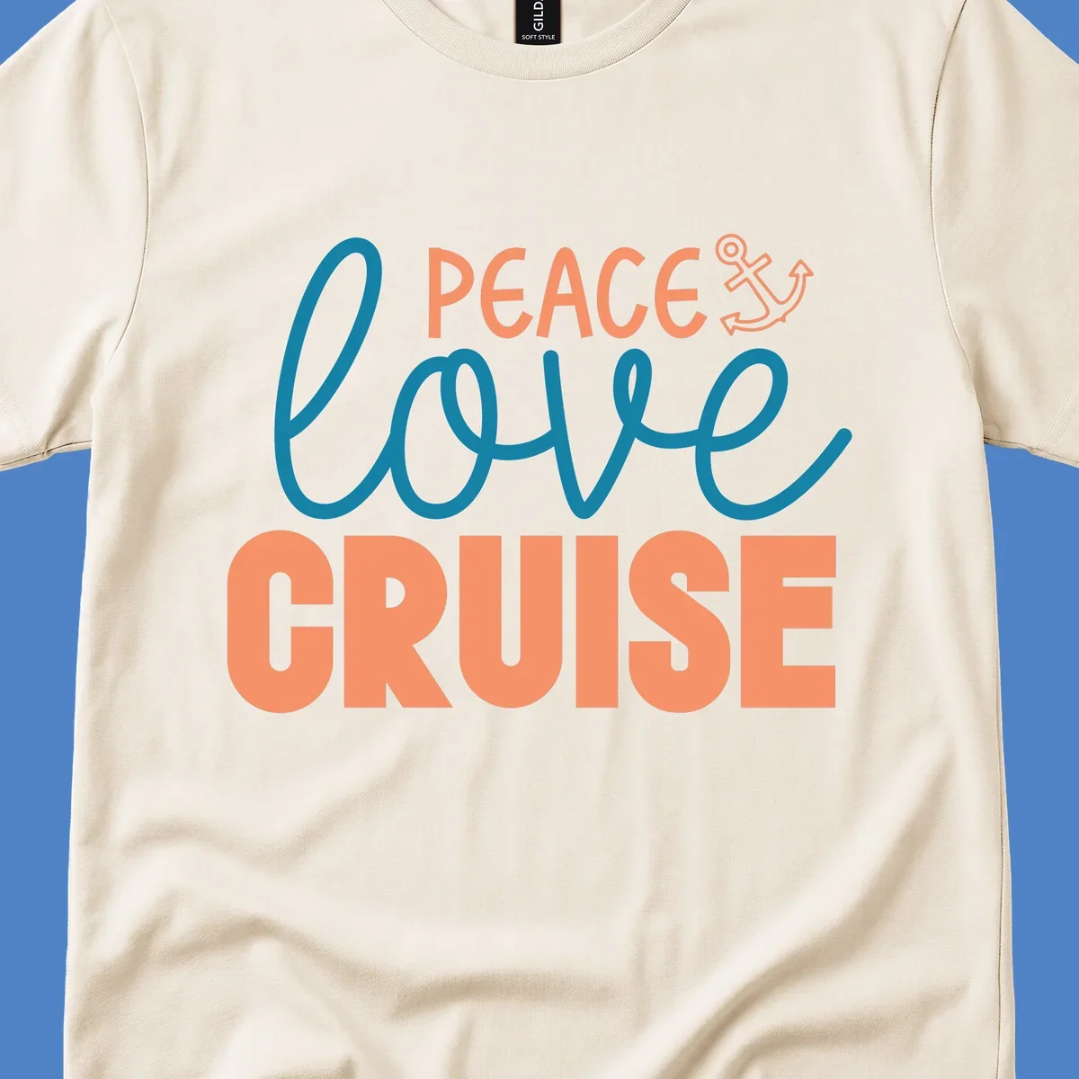 Peace Love Cruise design with coral and teal lettering and anchor icon on gray background