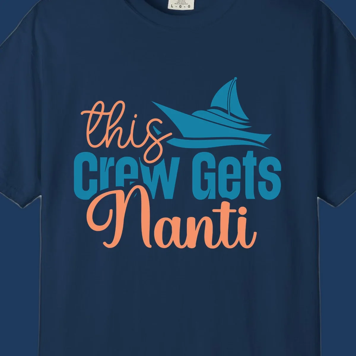 Chill crew gets afloat design with coral text and teal sailboat illustration on gray background
