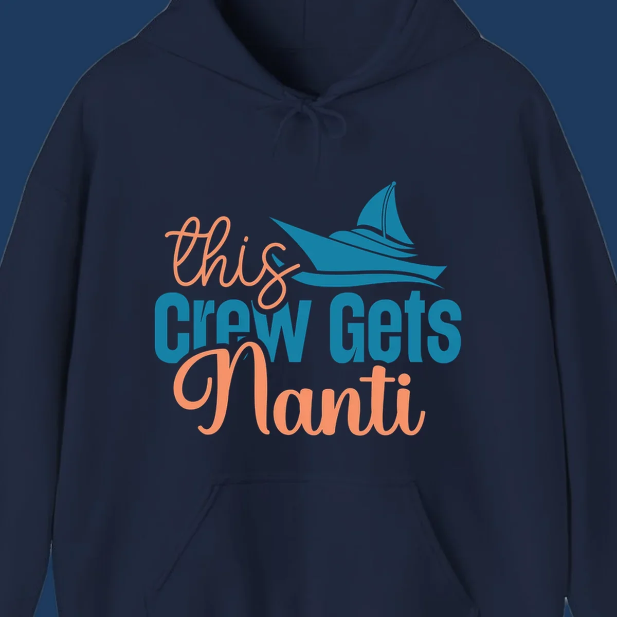 Chill crew gets afloat design with coral text and teal sailboat illustration on gray background
