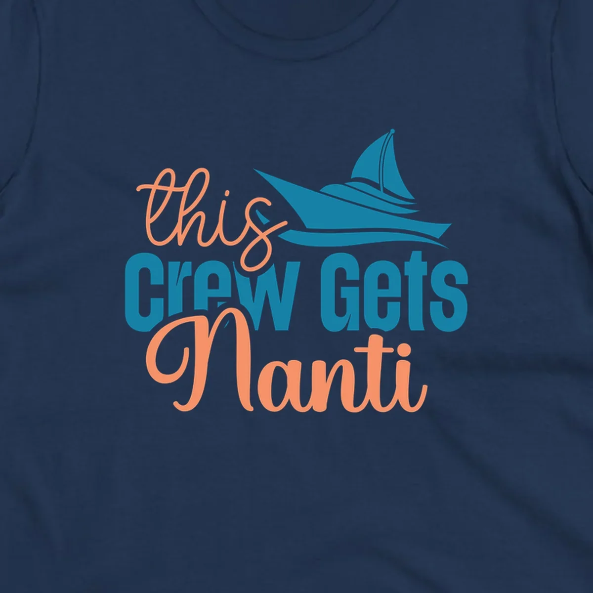 Chill crew gets afloat design with coral text and teal sailboat illustration on gray background